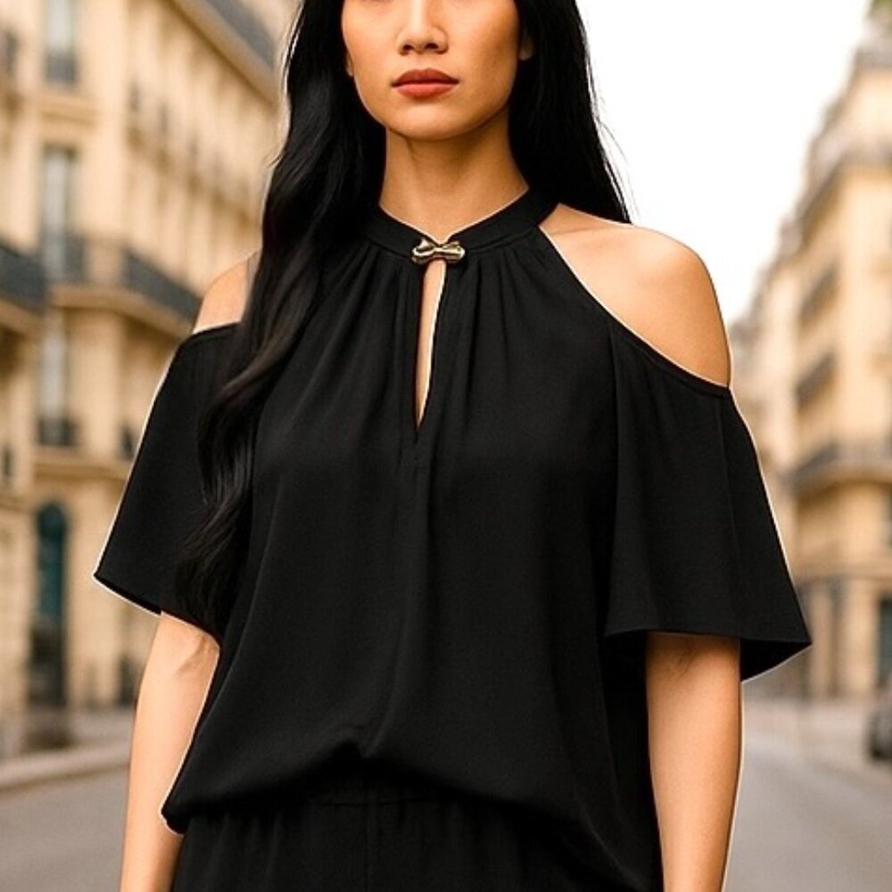 Michael Kors Cold‑Shoulder Blouse with Gold Chain Neckline • Size L • BLACK